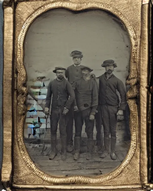 Image similar to tintype of four 19th century sailors stranded at sea in a small rowboat, photorealistic