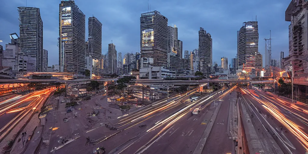 Prompt: Avenida Paulista at night, Sao Paulo city, with a full view of MASP, cyberpunk, very detailed, digital art