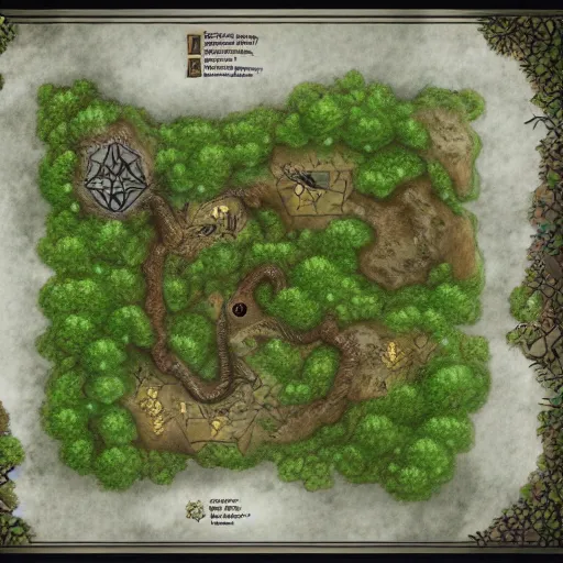 Image similar to a DND forest map created in inkarnat and dungeon draft . Aerial view, d&d tabletop. Art station, Patreon