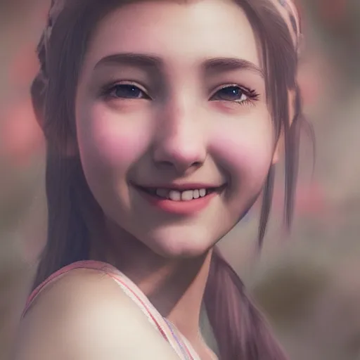 Image similar to portrait of aerith gainsborough smiling, matte painting, ultra realistic, highly detailed, sharp focus, cinematic lighting, mood lighting, realistic, vivid colors, painting, photorealistic, digital art, non blurry, sharp, smooth, illustration