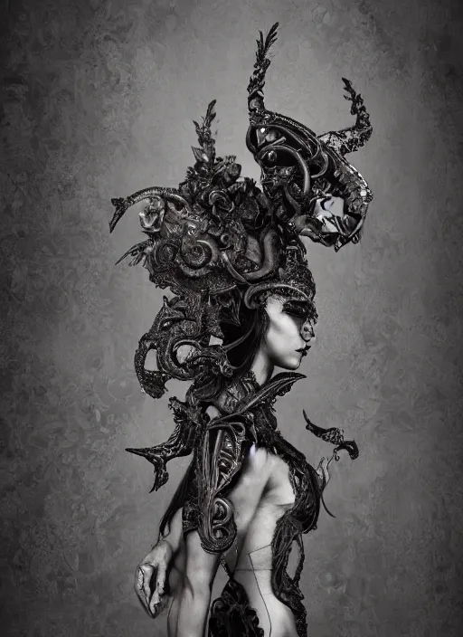 Image similar to a portrait of female by stefan geselle and nekro borja, photorealistic, intricate details, hyper realistic, fantasy, elegant, baroque, horn, ram skull headpiece, photorealistic, photography, symmetrical features, symmetrical pose, wide angle shot, feet on the ground, wearable art, unreal engine