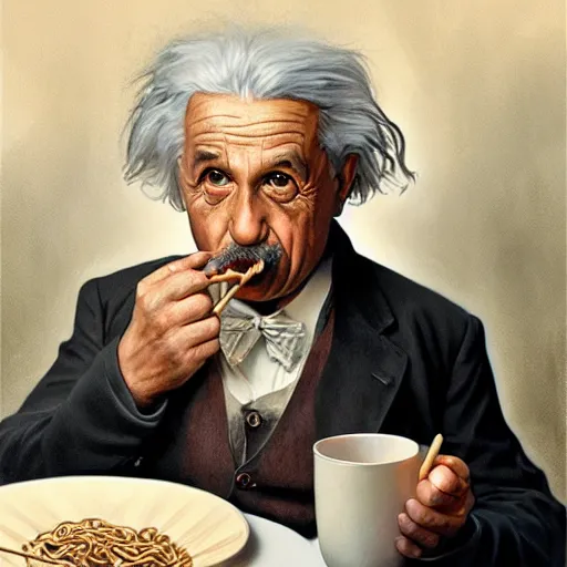 Prompt: Albert Einstein sucking noodles with his mouth, hyperdetails, ethereal, handsome, elegant, highly detailed, digital painting, artstation, concept art, matte, sharp focus, illustration, art by Artgerm and Greg Rutkowski and Alphonse Mucha