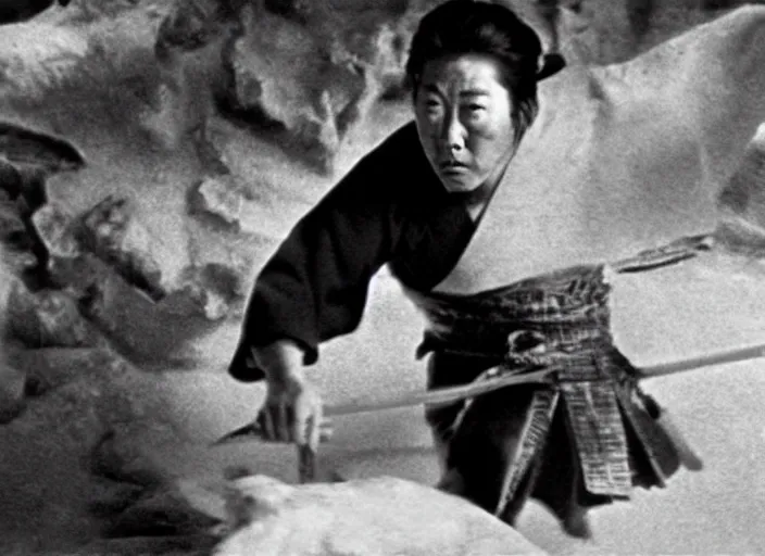 Image similar to a movie still of a samurai slicing through a loaf of bread by Akira Kurosawa