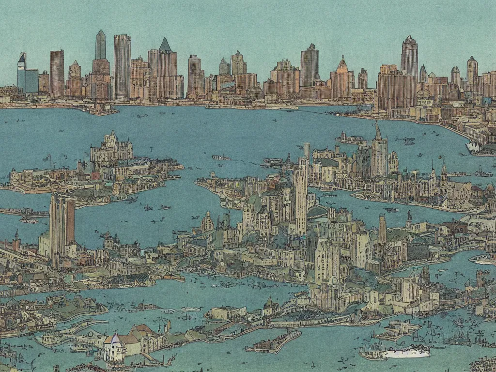 Prompt: highly detailed illustration of the milwaukee skyline, city of milwaukee, photo taken from the lake, by edmund dulac and android jones