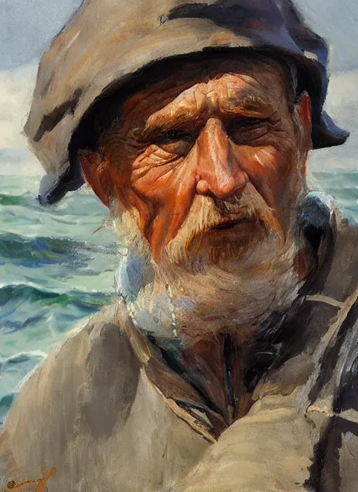 Image similar to a highly detailed old sailor portraitin a boat, by gregory manchess, james gurney, james jean