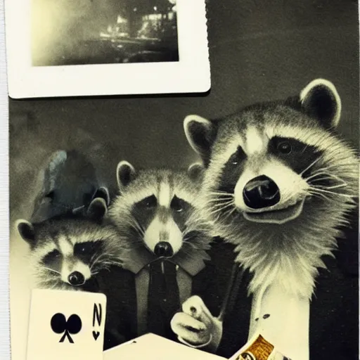 Image similar to polaroid photo of gangster raccoons in smokings, smooking cigar, playing poker, dollars on table