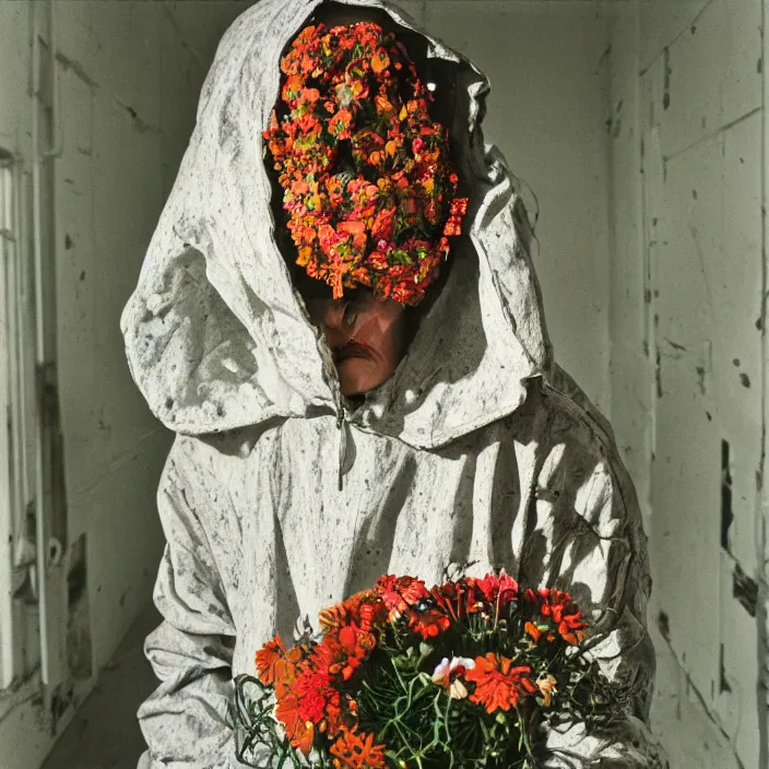 Prompt: a woman wearing a hood made of wire and zinnias, in an abandoned office building, by lucien freud, canon eos c 3 0 0, ƒ 1. 8, 3 5 mm, 8 k, medium - format print