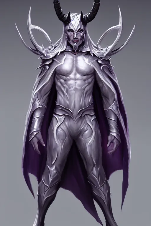 Image similar to human male demon, full body white purple cloak, hero, armor, character concept art, costume design, black eyes, white horns, trending on artstation, Artgerm , WLOP