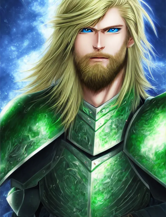 Image similar to a detailed manga portrait of a long haired blonde man with blue eyes in green armour glowing with green energy, trending on artstation, digital art, 4 k resolution, detailed, high quality, sharp focus, hq artwork, coherent, insane detail, character portrait