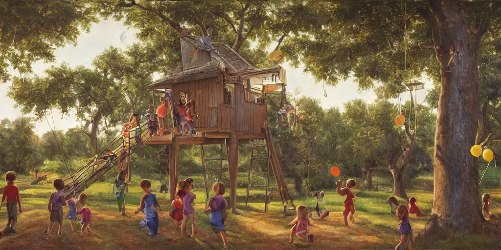 Image similar to masterful oil on canvas painting, eye - level view, shot from 5 0 feet distance, of kids playing in a treehouse. in the background human children run around having fun. golden hour, detailed, depth, volume, chiaroscuro, quiet intensity, limited color palette. in the background there are a couple of balloons floating in the sky.