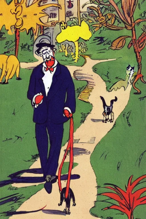 Image similar to a man walking his dog by dr. seuss