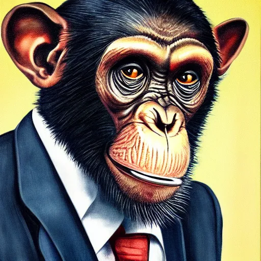 Image similar to a high detail portrait of a chimp wearing a suit 👔,and smoking🚬