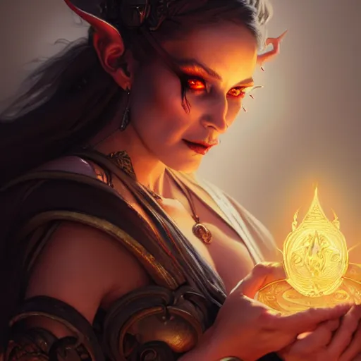 Image similar to Demoness, female, robes, D&D, fantasy, intricate, elegant, highly detailed, digital painting, artstation, octane render, concept art, matte, sharp focus, illustration, hearthstone, art by Artgerm and Greg Rutkowski and Alphonse Mucha