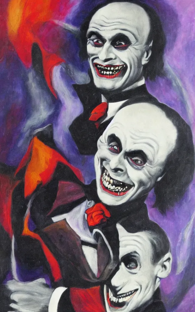 Image similar to portrait of conrad veidt the man who laughs wide grin, award winning oil surrealist painting, sharp color palette