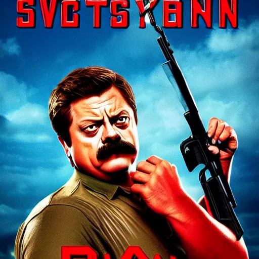Prompt: Movie poster, Ron Swanson as Rambo, wearing red sweatband, high quality art