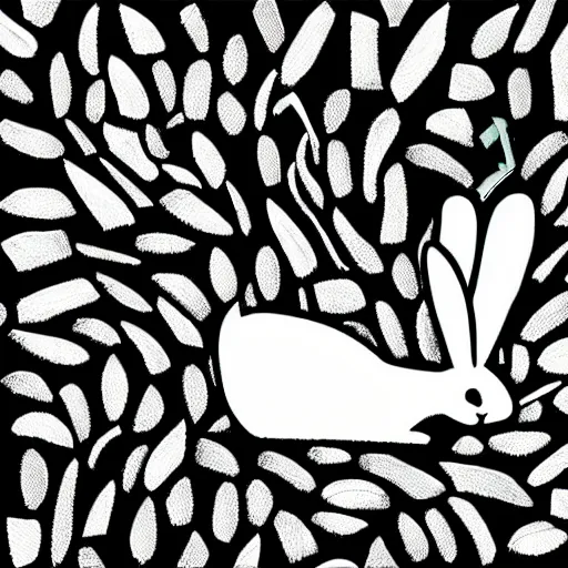 Prompt: black - and - white line art illustration of a rabbit deep in a tangled forest, smoking a cigarette