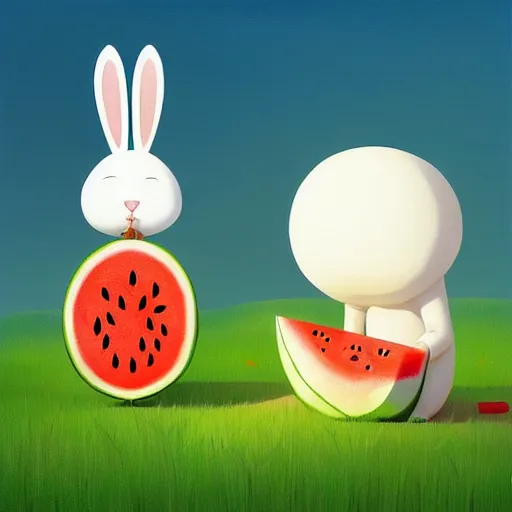 Image similar to a painting of a bunny and a watermelon, a storybook illustration by goro fujita, trending on cgsociety, pop surrealism, 2 d game art, storybook illustration, behance hd