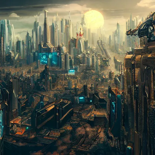 Prompt: fantasy cat looking down on huge cyberpunk style city, high detail, fantasy art, concept art, 4 k, ultra detail, computer art