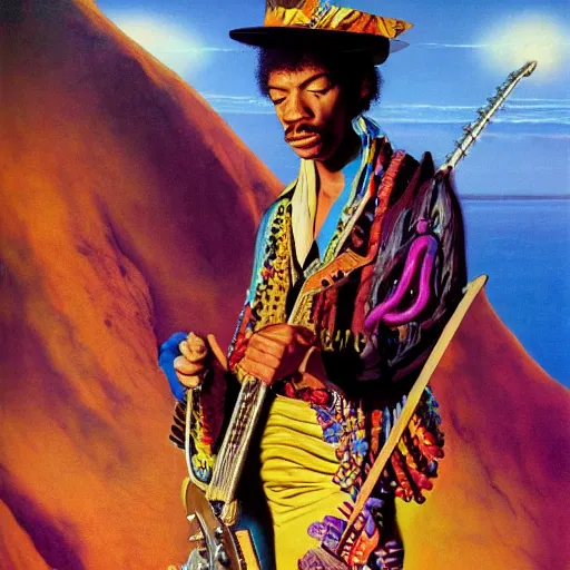 Prompt: colour portrait masterpiece photography of jimi hendrix full body shot by annie leibovitz, ultrawide angle, moebius, josh kirby, weird epic biomorphic scifi landscape in background by roger dean and syd mead and killian eng and james jean and giger and beksinski, greg hildebrandt, 8 k