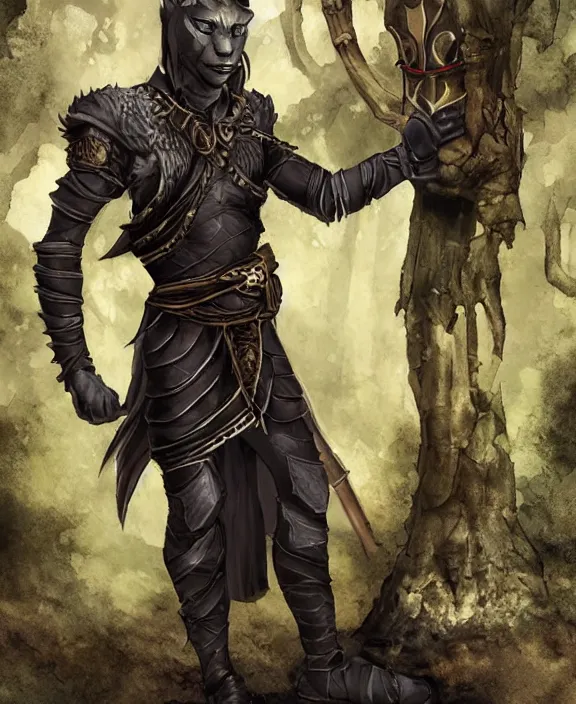 Prompt: humanoid male khajiit rogue, wearing leather armor, magic the gathering, fantasy