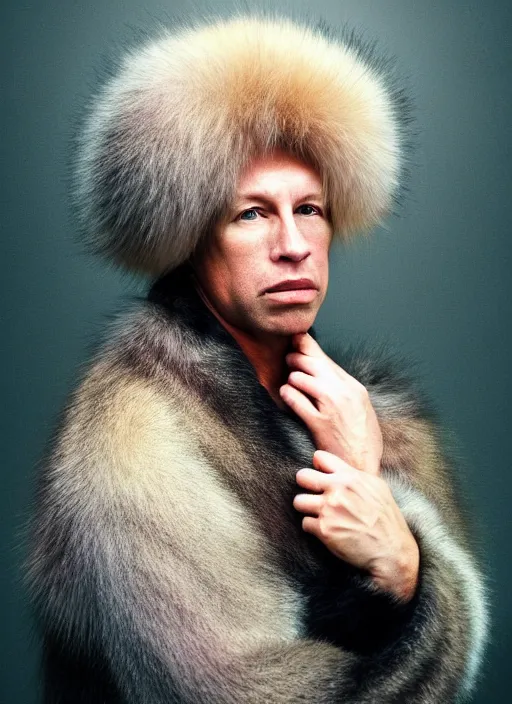 Prompt: ultrawide angle colour portrait masterpiece photography of vince mcmahon jr in fur coat shot by annie leibovitz michael cheval miho hirano moebius josh kirb