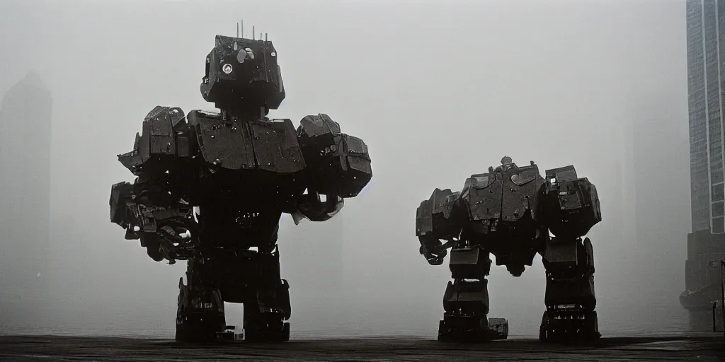 Prompt: Giant death robots walk through the mist in NYC harbor , frightening, ghastly, photorealistic, old film, 35mm film, found film, scary, ominous,, by bruce davidson, on hasselblaad