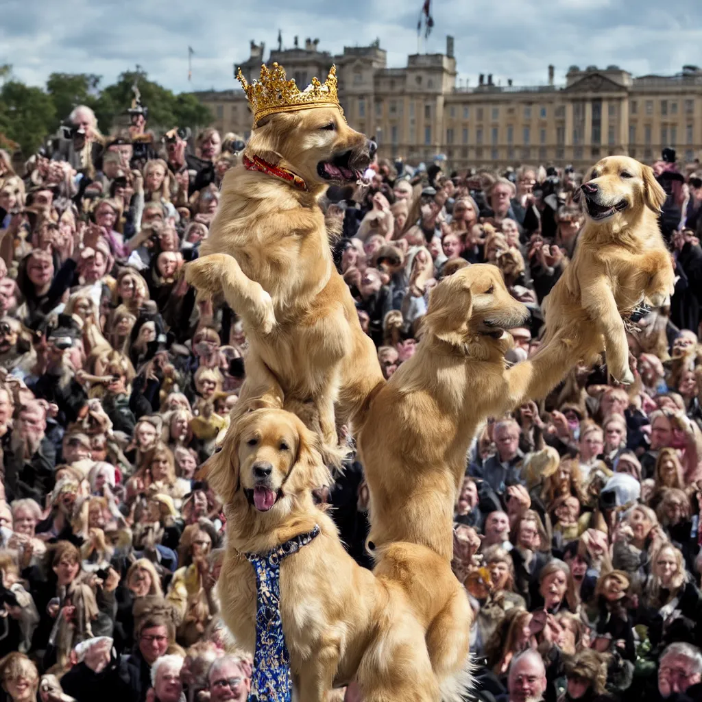 Prompt: national geographic photo of a golden retriever wearing a crown being hailed as the new king of England by a crowd of people at Buckingham palace in the background