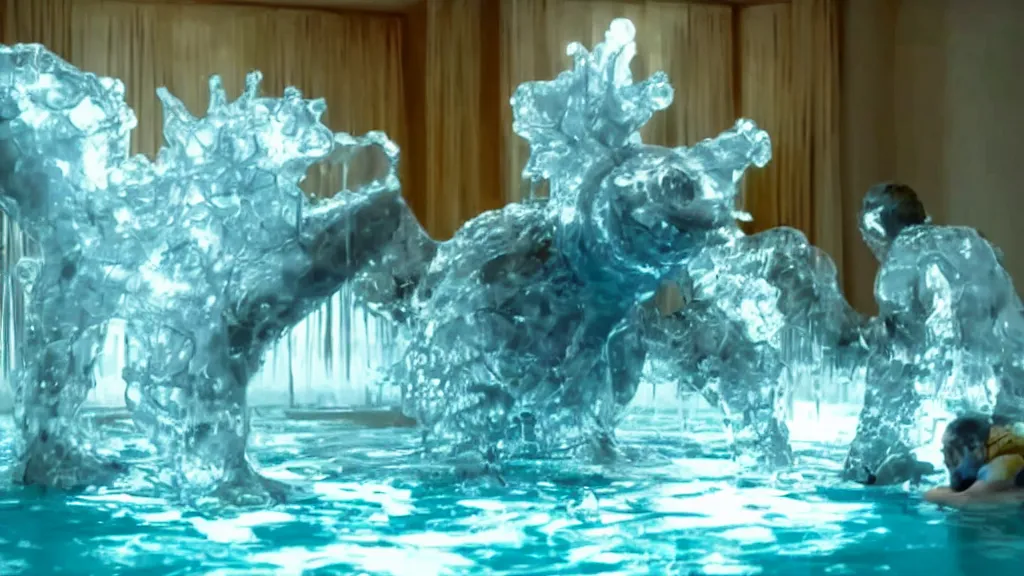 Prompt: a giant pokemon made of water and ice moves through the living room, film still from the movie directed by Denis Villeneuve with art direction by Salvador Dalí, wide lens