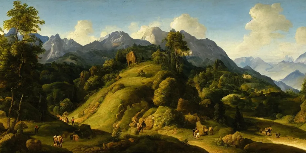 Image similar to a dramatic landscape painting of a mountain with a path leading into fields and forest, by joachim patinir, oil on canvas, highly detailed, hd, 4 k