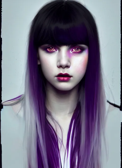 Image similar to portrait of teenage girl, red irises, bangs, black and white hair, white bangs, purple clothes, white bangs, two color hair, black hair and white bangs, intricate, elegant, glowing lights, highly detailed, digital painting, artstation, concept art, smooth, sharp focus, illustration, art by wlop, mars ravelo and greg rutkowski