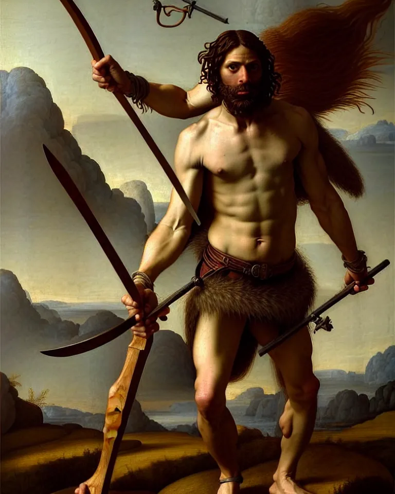 Image similar to renaissance painting full body portrait of a gruff ranger with a spear, lean and toned, handsome face, hairy chest and hairy body, D&D, intricate, elegant, highly detailed, digital painting, artstation, concept art, matte, sharp focus, chiaroscuro, well list, illustration, art by da Vinci, Artgerm and Greg Rutkowski and Alphonse Mucha