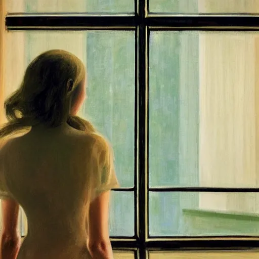 Image similar to Elle Fanning in front of a window watching the rain, by Edward Hopper, Extremely detailed. 8K. Award winning.