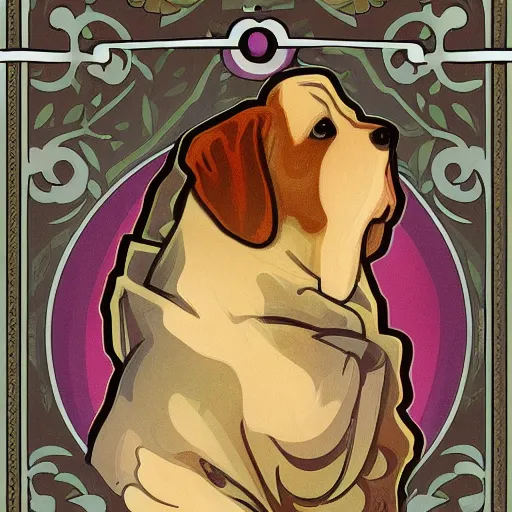 Prompt: a cute dog in the style of alphonse mucha