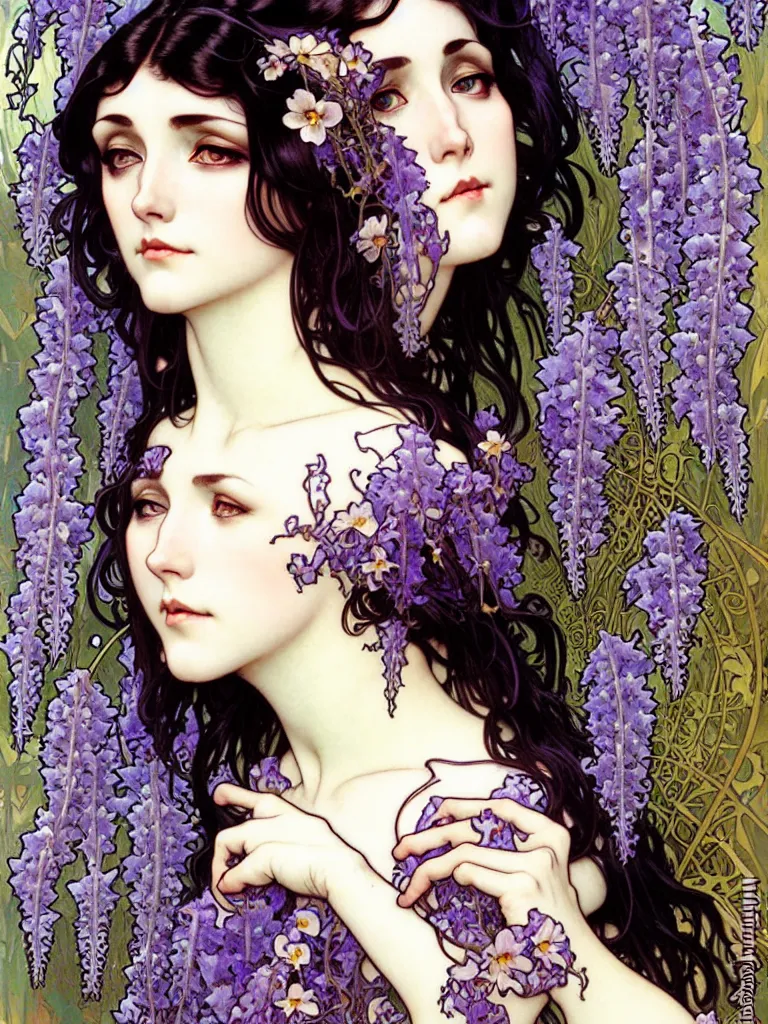 Prompt: Beautiful raven haired art nouveau temptress framed by realistic detailed Wisteria Flowers by Alphonse Mucha, Ayami Kojima, Amano, Charlie Bowater, Karol Bak, Greg Hildebrandt, Jean Delville, and Mark Brooks, Art Nouveau, Pre-Raphaelite, Neo-Gothic, gothic, rich deep moody colors