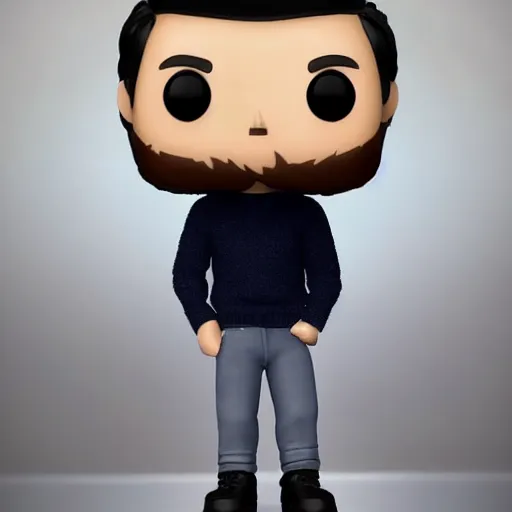 Image similar to a 21 year old skinny white guy with no beard and black hair in a navy blue sweater , jeans and grey shoes funko pop close up highly detailed photo