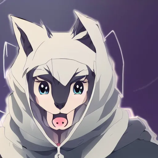 Image similar to key anime visual portrait of a handsome male anthro wolf furry fursona with beautiful eyes, wearing a hoodie, official modern animation