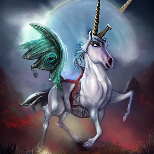 Image similar to an evil unicorn, fantasy art