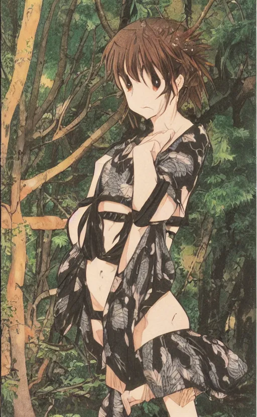 Prompt: by akio watanabe, manga art, a boar is curios about a girl with brown hair, in forest, trading card front, kimono, realistic anatomy, sun in the background