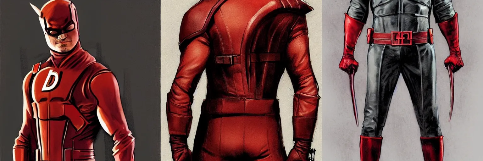 Image similar to daredevil concept art leather suit billy stick painted by jc leyendecker