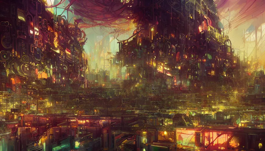 Image similar to psychedelic cyberpunk scifi vast detailed city endless vastness and gigantic size and detail, very dark and abandoned, only dark colours, allegorical style, by peter mohrbacher, jeremy mann, francoise nielly, van gogh, ross tran, beautiful, award winning scenery