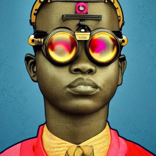 Prompt: colourful vfx upper half - portrait - art of a nigerian boy wearing steam punk goggles, art by utagawa kunisada, james jean & alphonse mucha, symmetrical, intricate detail, concept art, volumetric light, ray tracing, caricature, digital illustration, digital painting, octane 3 d render, unreal engine, sharp, pinterest, behance, art station,