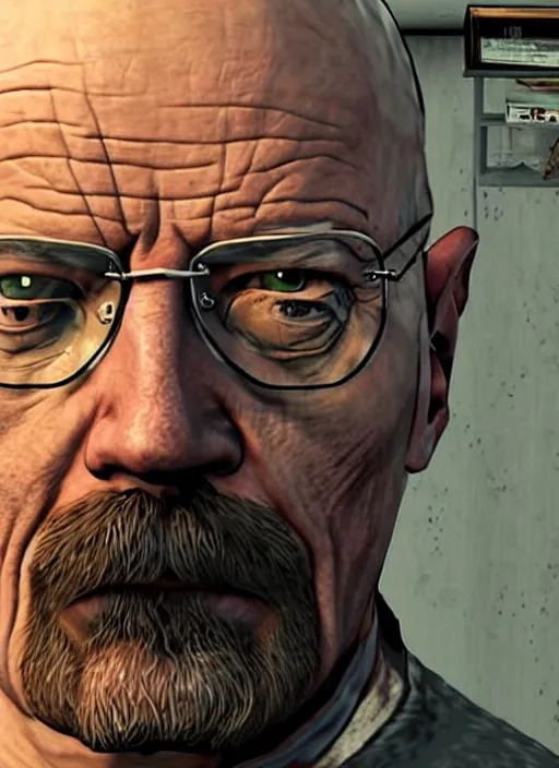 Prompt: walter white in a prison cell on game poster of gta 5