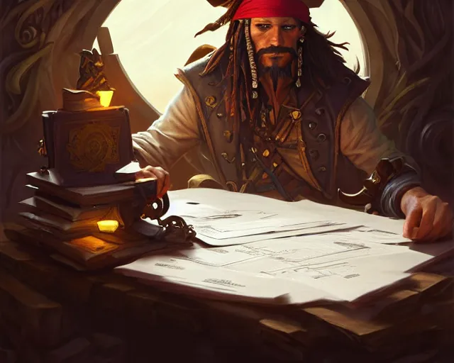 Image similar to a pirate doing his tax return, deep focus, d & d, fantasy, intricate, elegant, highly detailed, digital painting, artstation, concept art, matte, sharp focus, illustration, hearthstone, art by artgerm and greg rutkowski and alphonse mucha