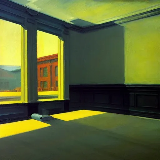 Image similar to an ominous object floats in an empty room, a highly detailed edward hopper painting, by adrian ghenie and gerhard richter. art by james gurney. masterpiece, deep colours. 8 k. artstation.