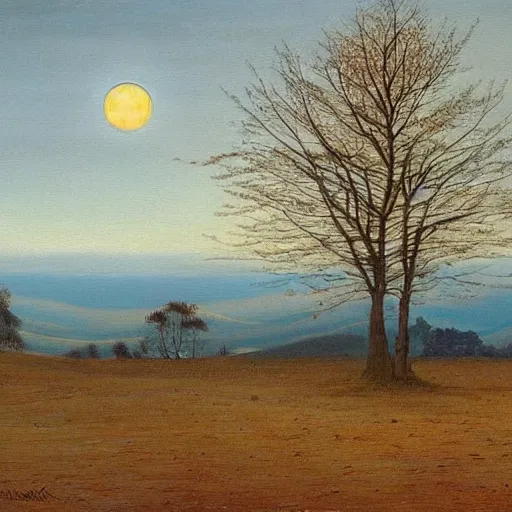 Image similar to This painting has such a feeling of peace and serenity. The tree is so still and calm, despite the wind blowing around it. The moonlight casts a soft glow over everything and the starts seem to be winking at you... by Jacek Malczewski