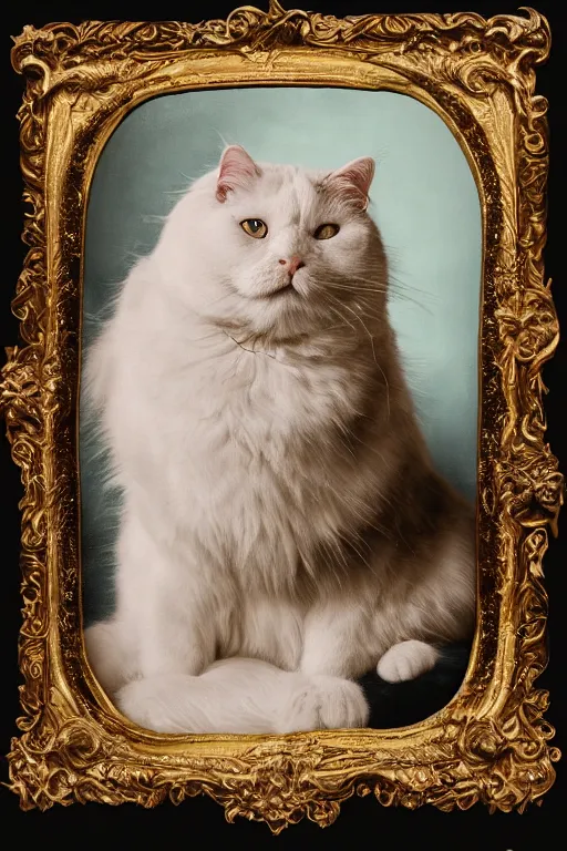 Prompt: a magnificent tintype portrait of a fluffy fat cat on an embroidered velvet cushion on a neo - rococo gilded little bed with precious stones, balls of yarn, by david lachapelle, photorealistic, photography, wide shot