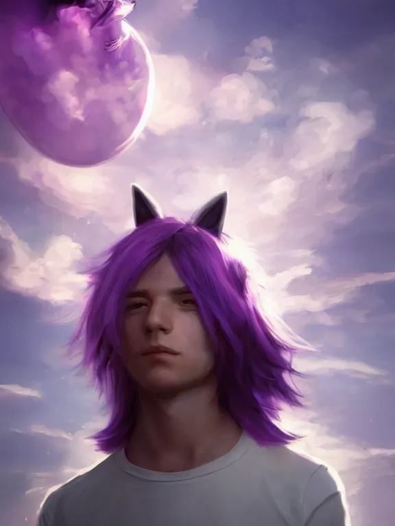 Image similar to Portrait art of a young man with purple hair and cat ears floating on a cloud, 8k, ultra realistic , lens flare, atmosphere, glow, detailed, intricate, full of colour, cinematic lighting, trending on artstation, 4k, hyperrealistic, focused, extreme details, unreal engine 5, cinematic, masterpiece