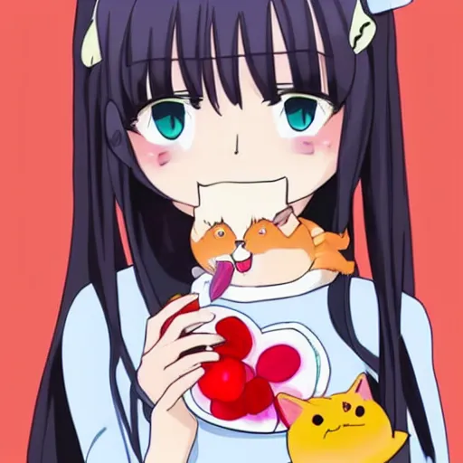 Image similar to cute girl eating a cat in anime style