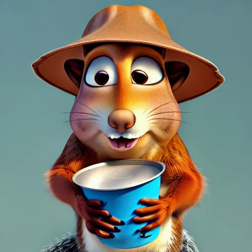 Image similar to a squirrel wearing a bucket hat. pixar.