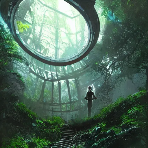 Prompt: stairs leading to a derelict portal in a middle of a lush futuristic forest, alien world seen through a portal, person in a cloak standing in front of a portal, daylight, cinematic lighting, syd mead, john harris